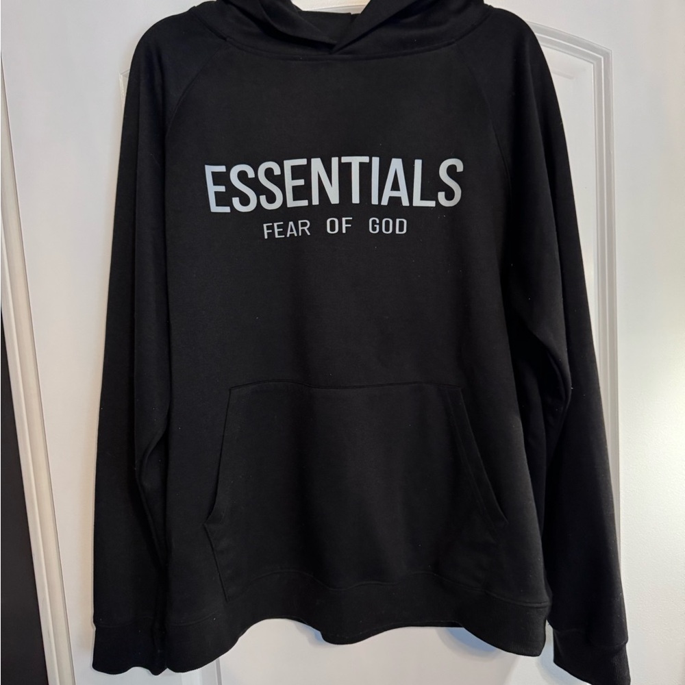 Fear of God Essentials Black Hoodie with White Chest Logo
